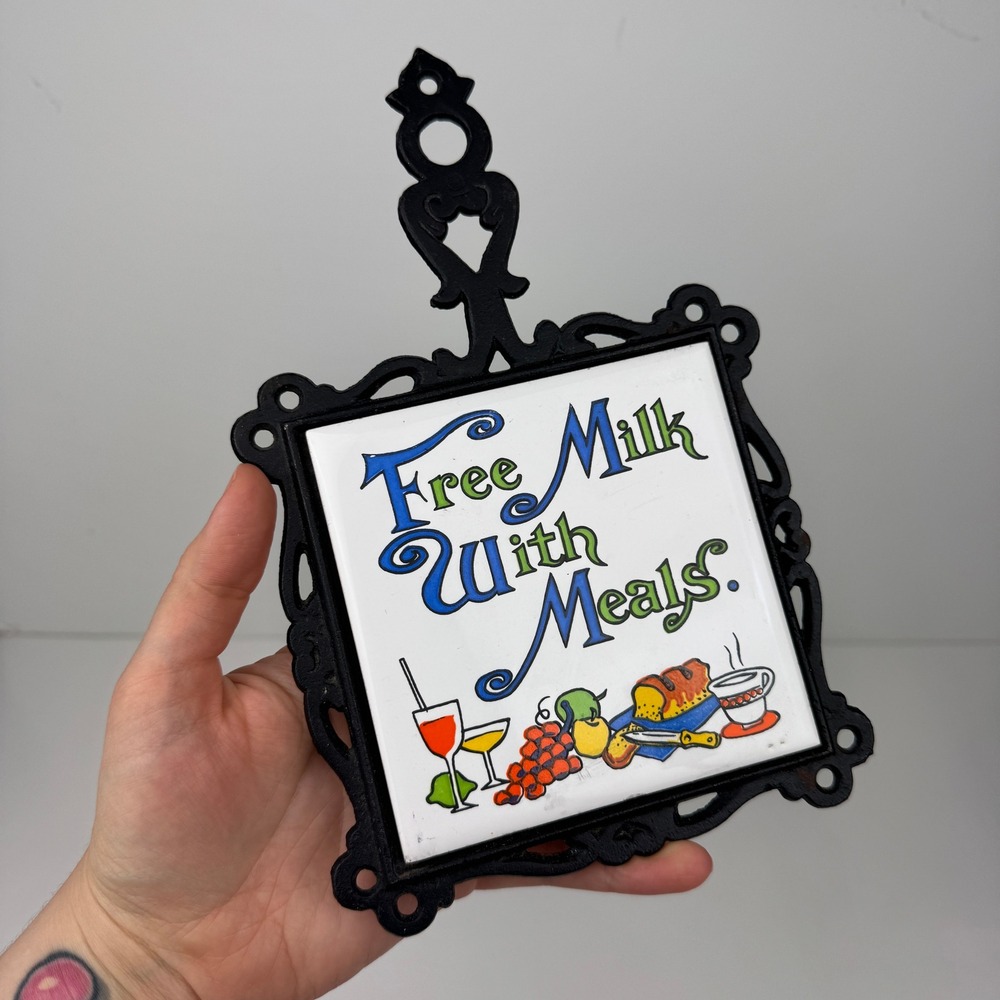 Vtg Free Milk with Meals Funny Kitchen Trivet Ceramic Tile Cast Iron Wall Hang